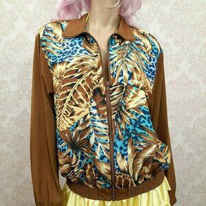 Vintage 80s Womens Bomber Jacket Blue Leopard Print Brown Palm Leaves Size S M